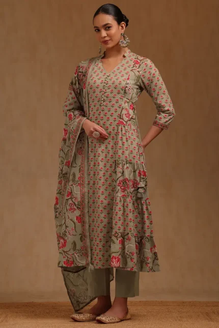 Olive Cotton Printed Suit