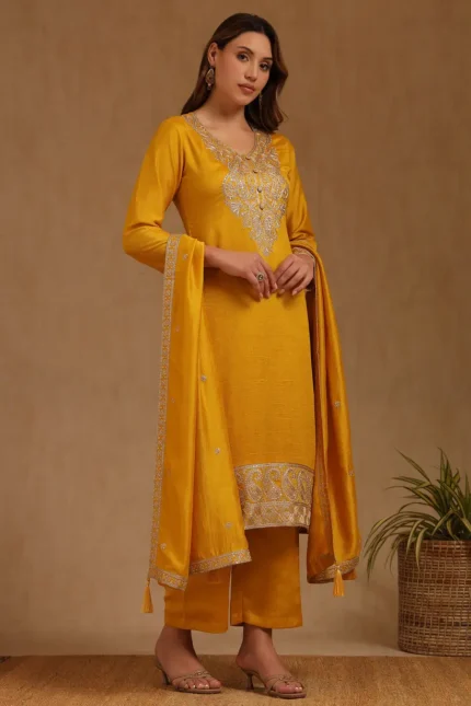 Mustard Vichitra Silk Suit