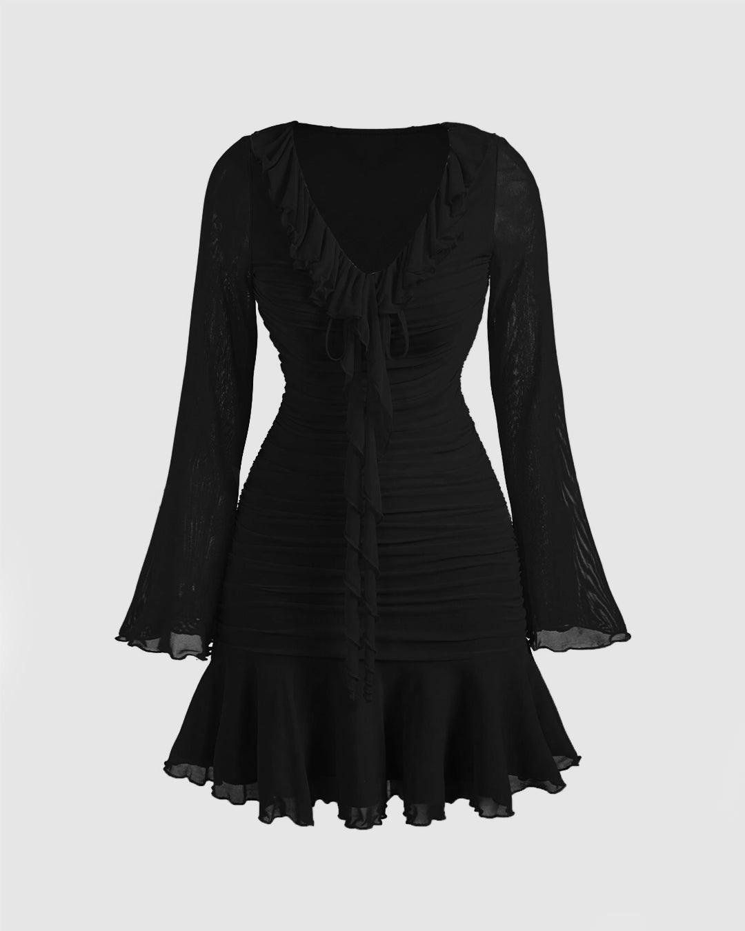 long sleeve short dresses formal Long Sleeves V Neck Layered Black Lace Short Prom Homecoming Dresses, – Lwt  Dress main image 0