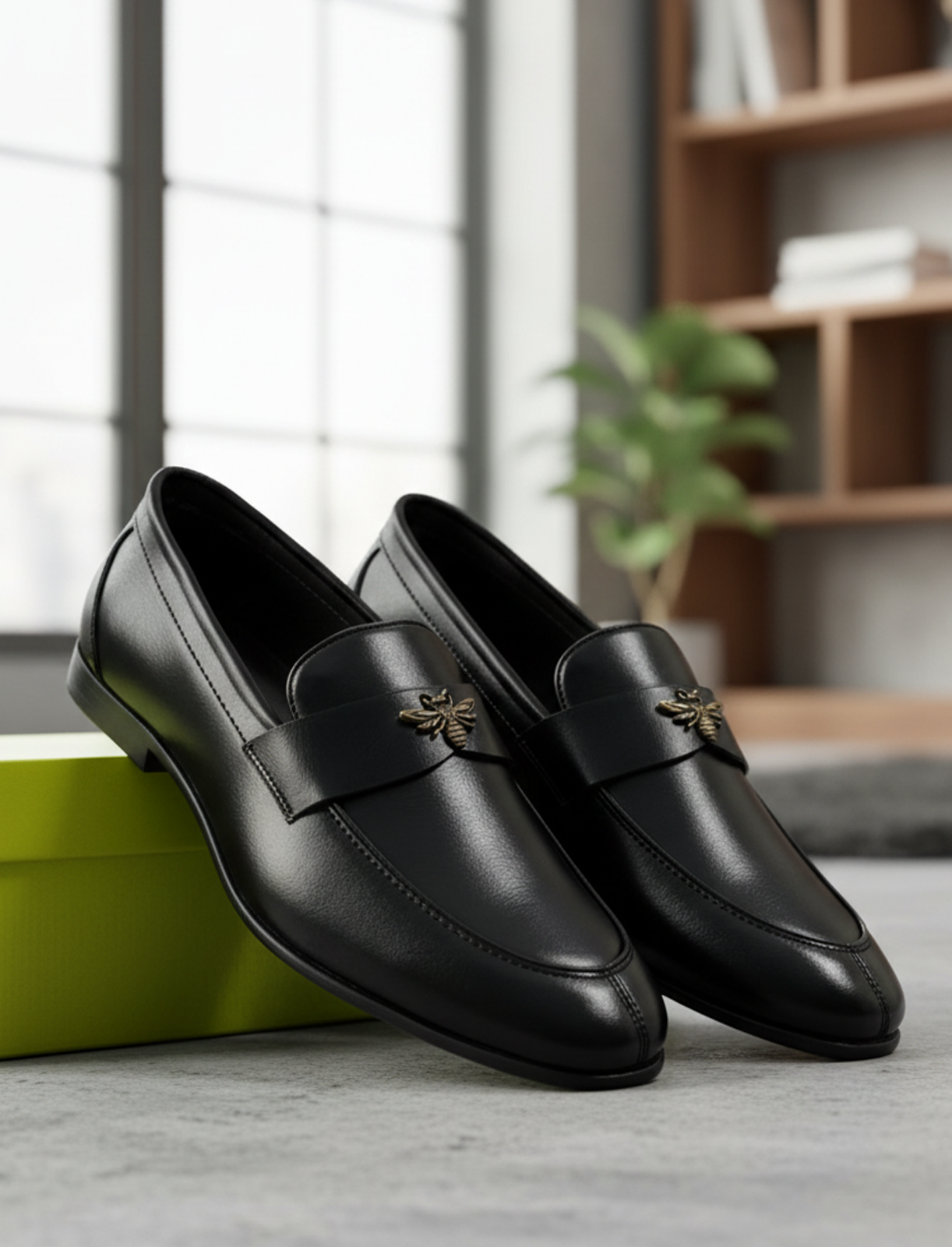 FunkyTradition_Black_Faux_Leather_Loafers_with_Gold_Bee_Buckle_Detail.png